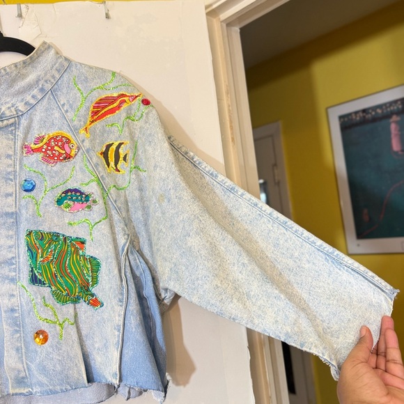 Vtg Torpedo International Aquatic Fish Design Denim Jacket - Picture 8 of 16
